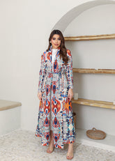 A-line flared winter abaya in pleated & printed fabric