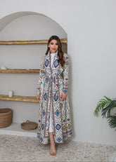 A-line flared winter abaya in pleated & printed fabric