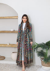 A-line flared winter abaya in pleated & printed fabric
