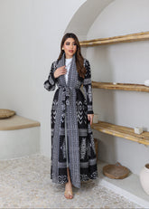 A-line flared winter abaya in pleated & printed fabric