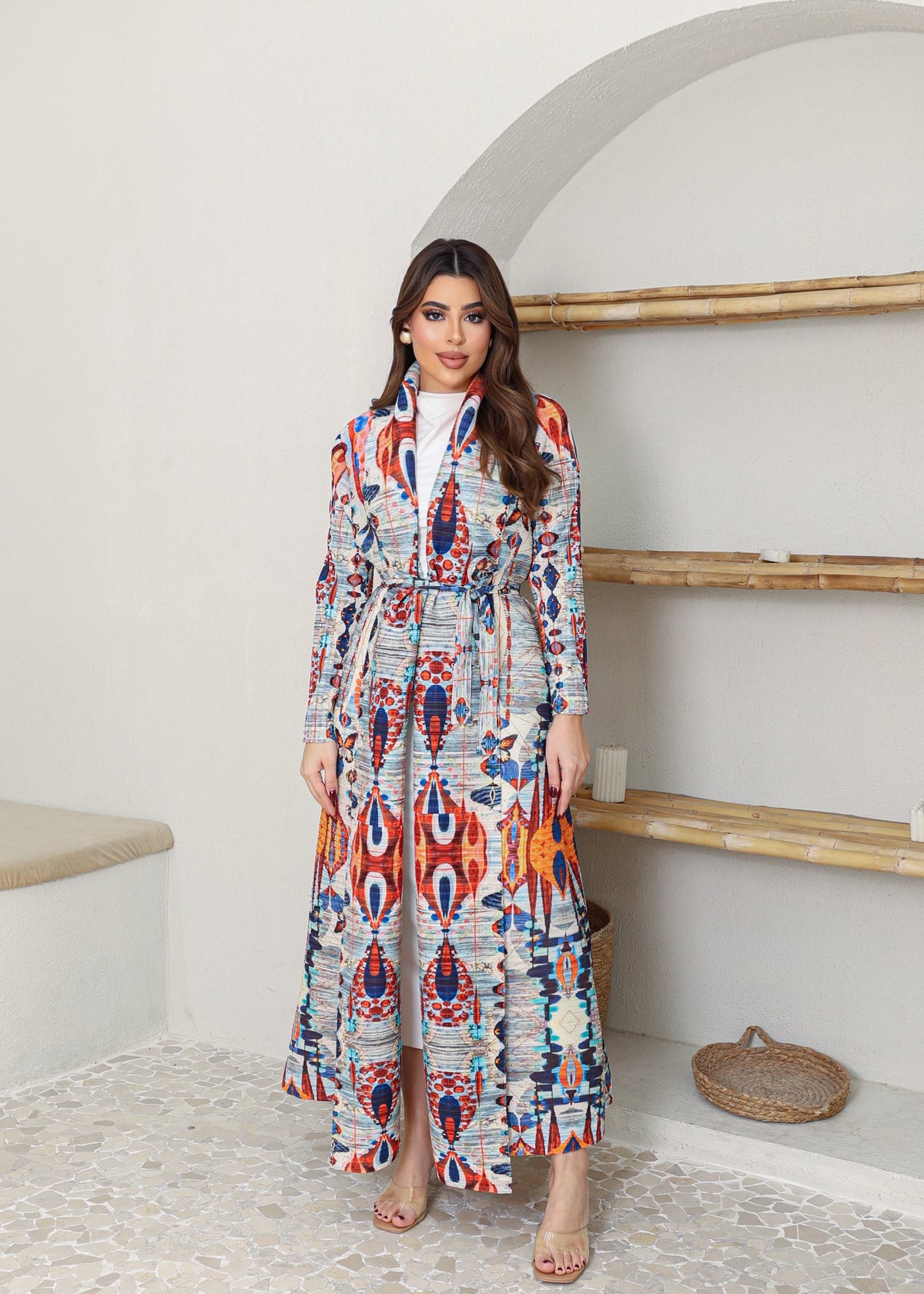 A-line flared winter abaya in pleated & printed fabric