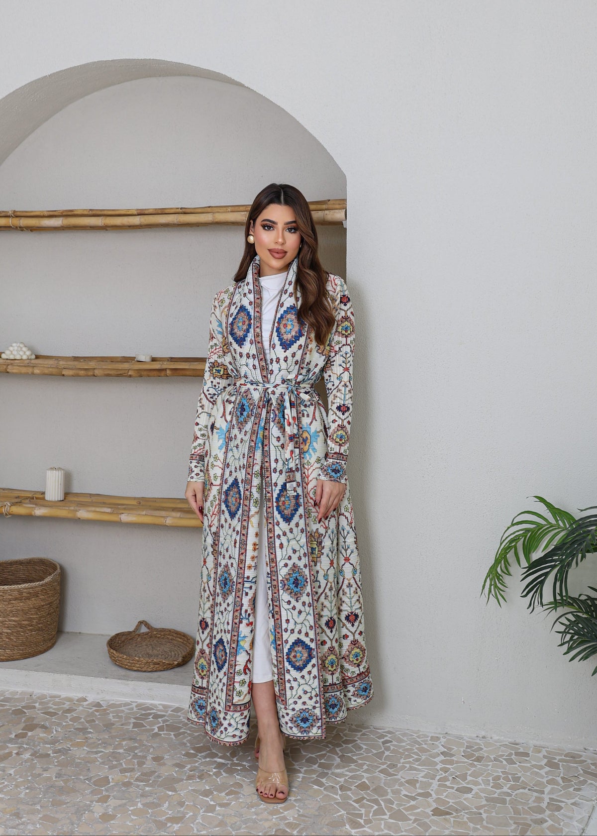 A-line flared winter abaya in pleated & printed fabric