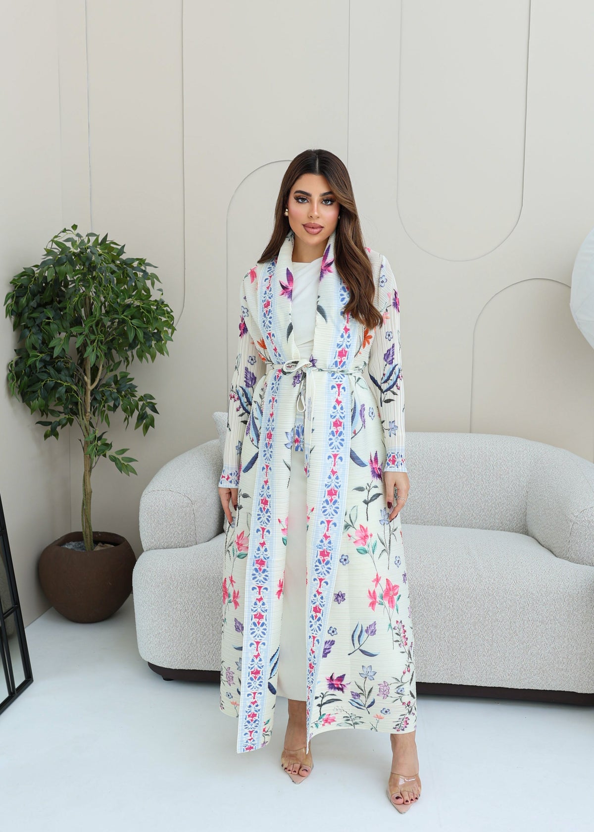 A-line flared winter abaya in pleated & printed fabric