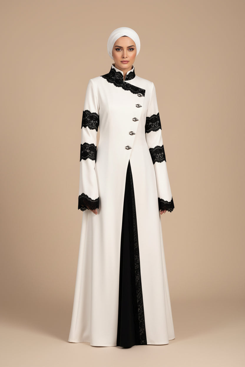 Elegant Two-Tone Lace Abaya – Timeless Sophistication